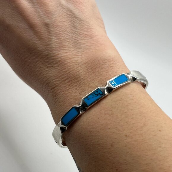 Chunky Vintage Mexico 925 hinged Taxco 925 silver cuff with Turquoise stones - Picture 5 of 5